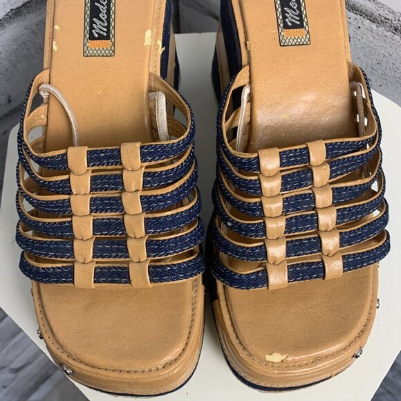 Vintage Y2K Denim Faux Leather Square Open Toe Platform Wedge Sandal - Picture 4 of 10
